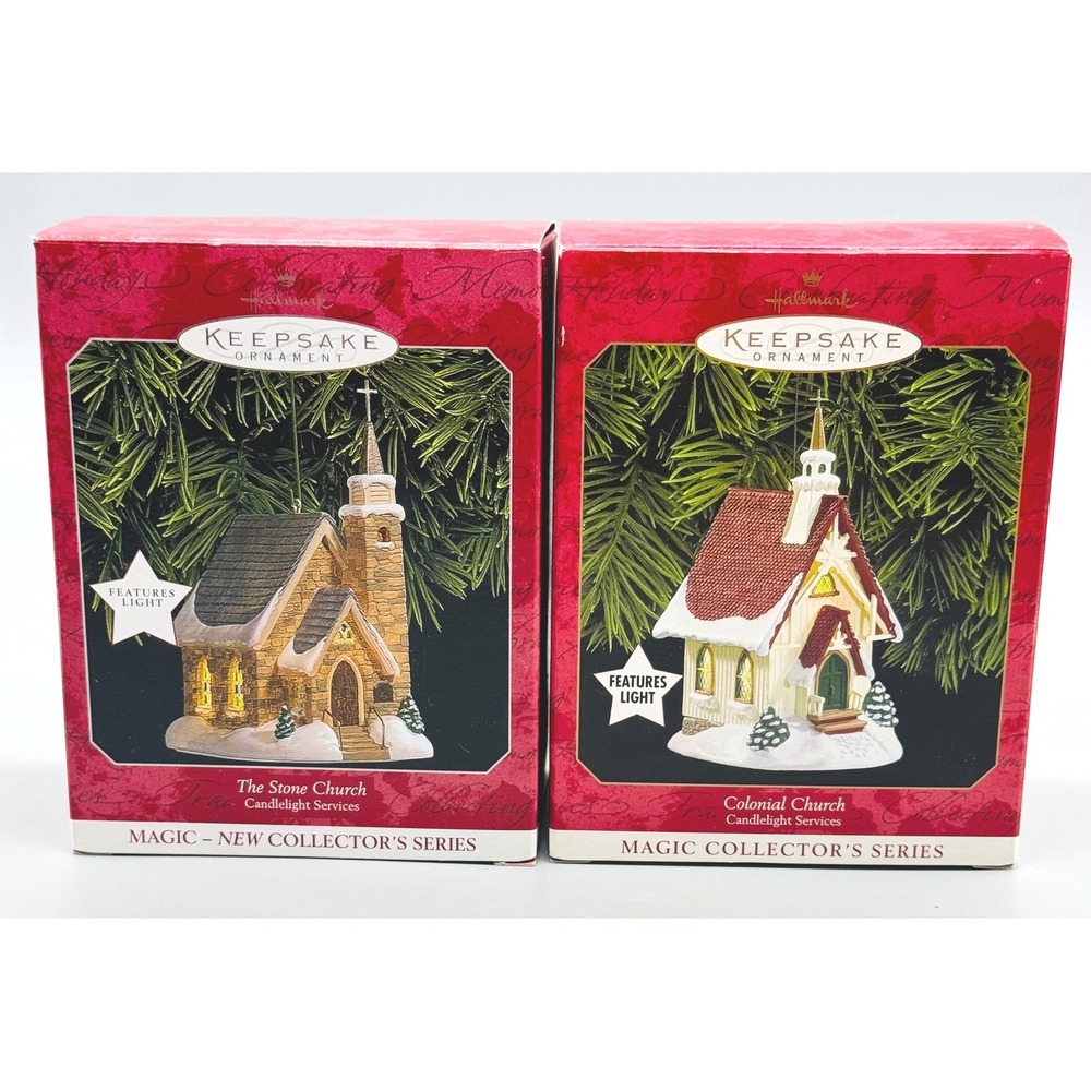 Hallmark Keepsake Ornament Candlelight‎ Services Colonial Stone Church Lot of 2